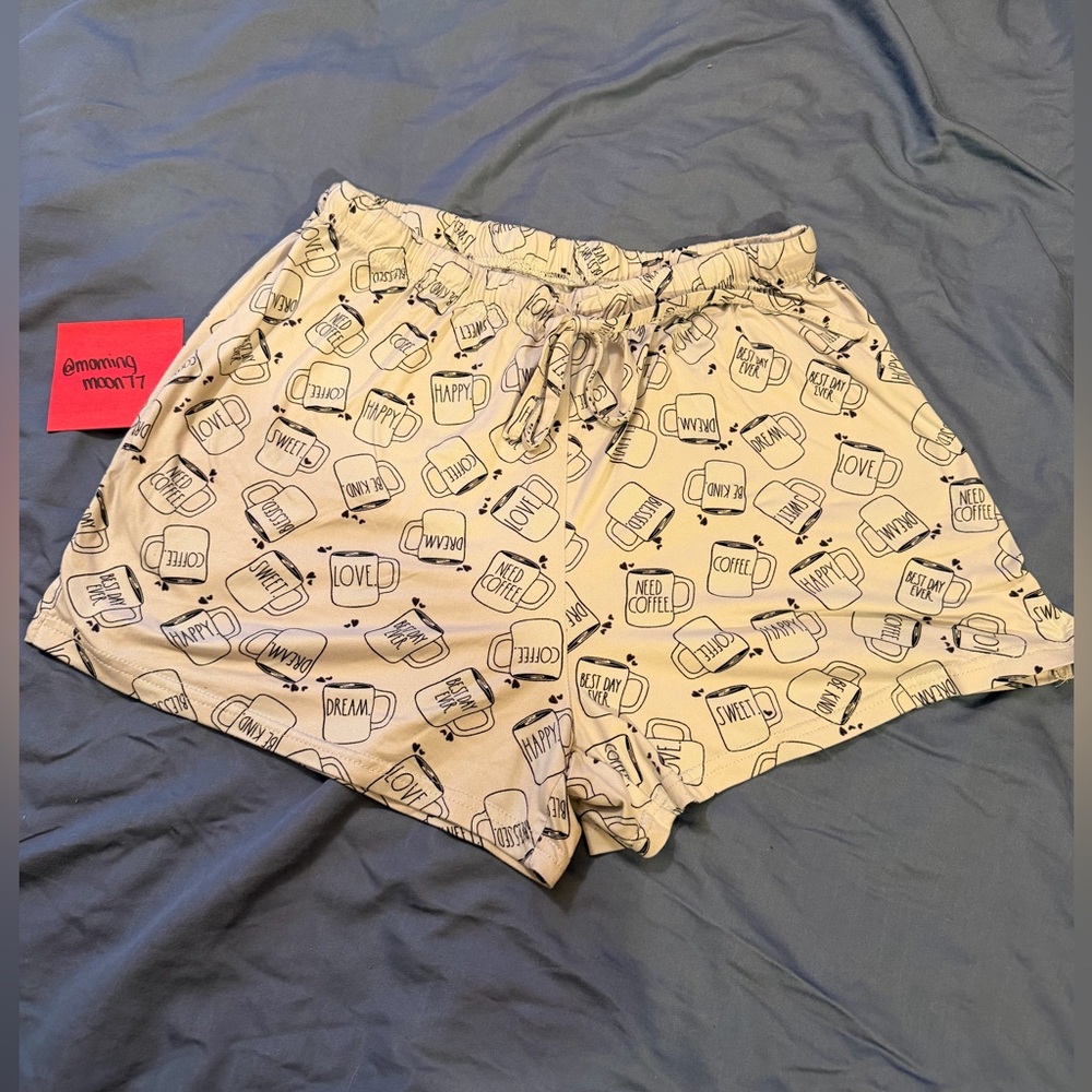 Rae Dunn Cream Lounge Shorts with Black Mug Print